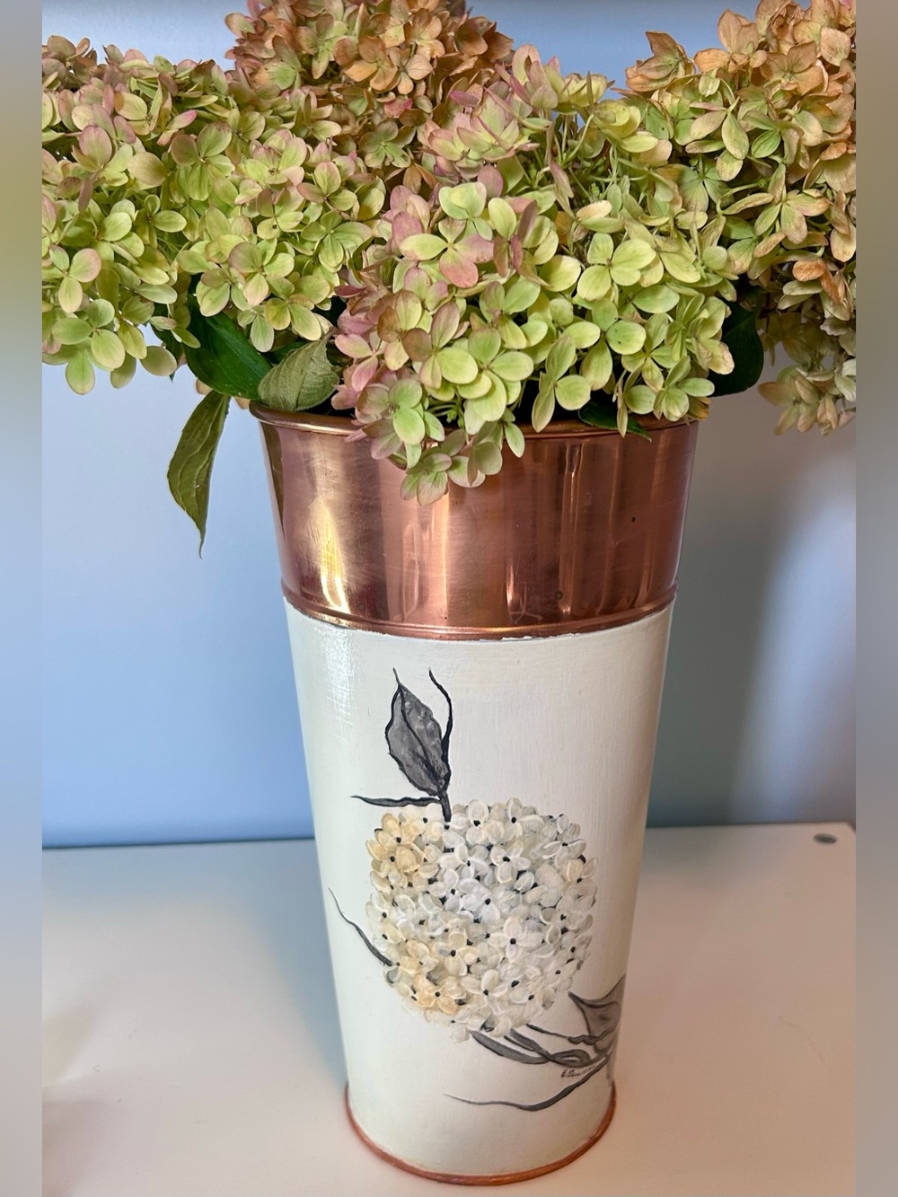 Hand Painted Copper Metal Floral Planter